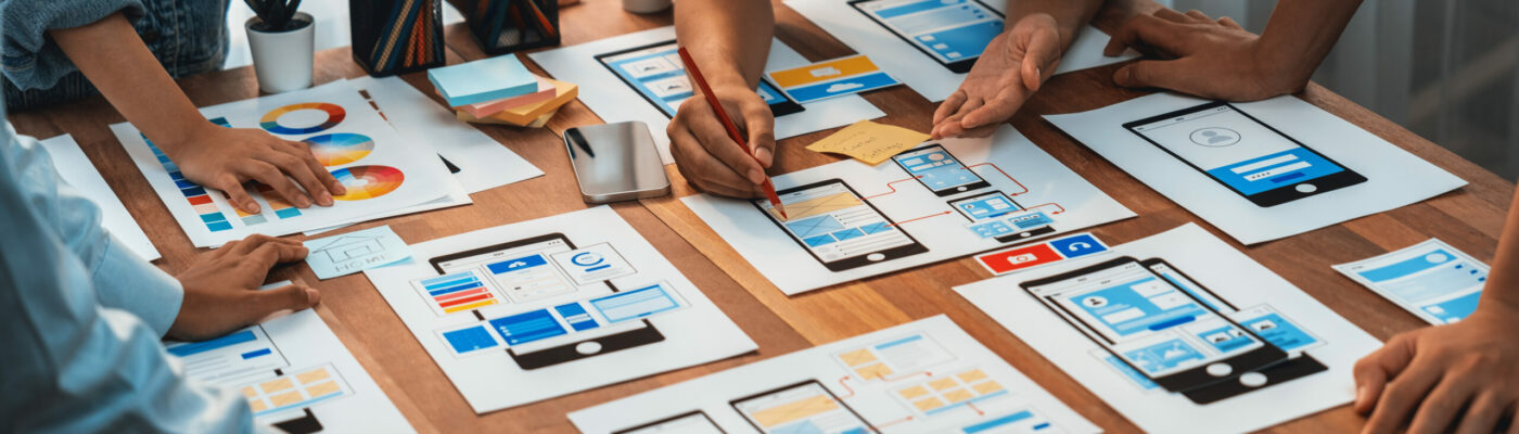 Panorama shot of front-end developer team brainstorming UI and UX designs for mobile app on paper wireframe interface. User interface development team planning for user-friendly UI design. Scrutinize